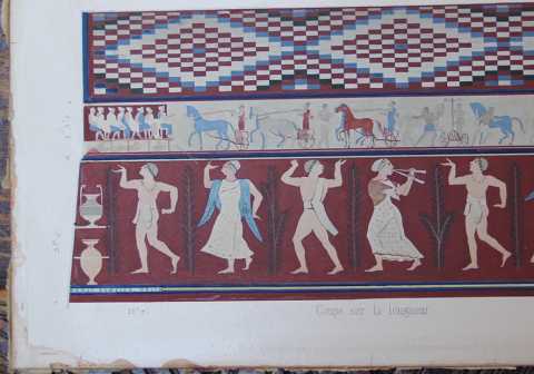 Benjamin G. Schlick, Tombeau étrusque appelé Del Cardinale ou Tombeaux étrusques, près de Corneto, 1832, collection particulière, détail de la paroi de droite de la Tombe delle Bighe et de la signature de l’architecte. Source : https://journals.openedition.org/mefra/8361